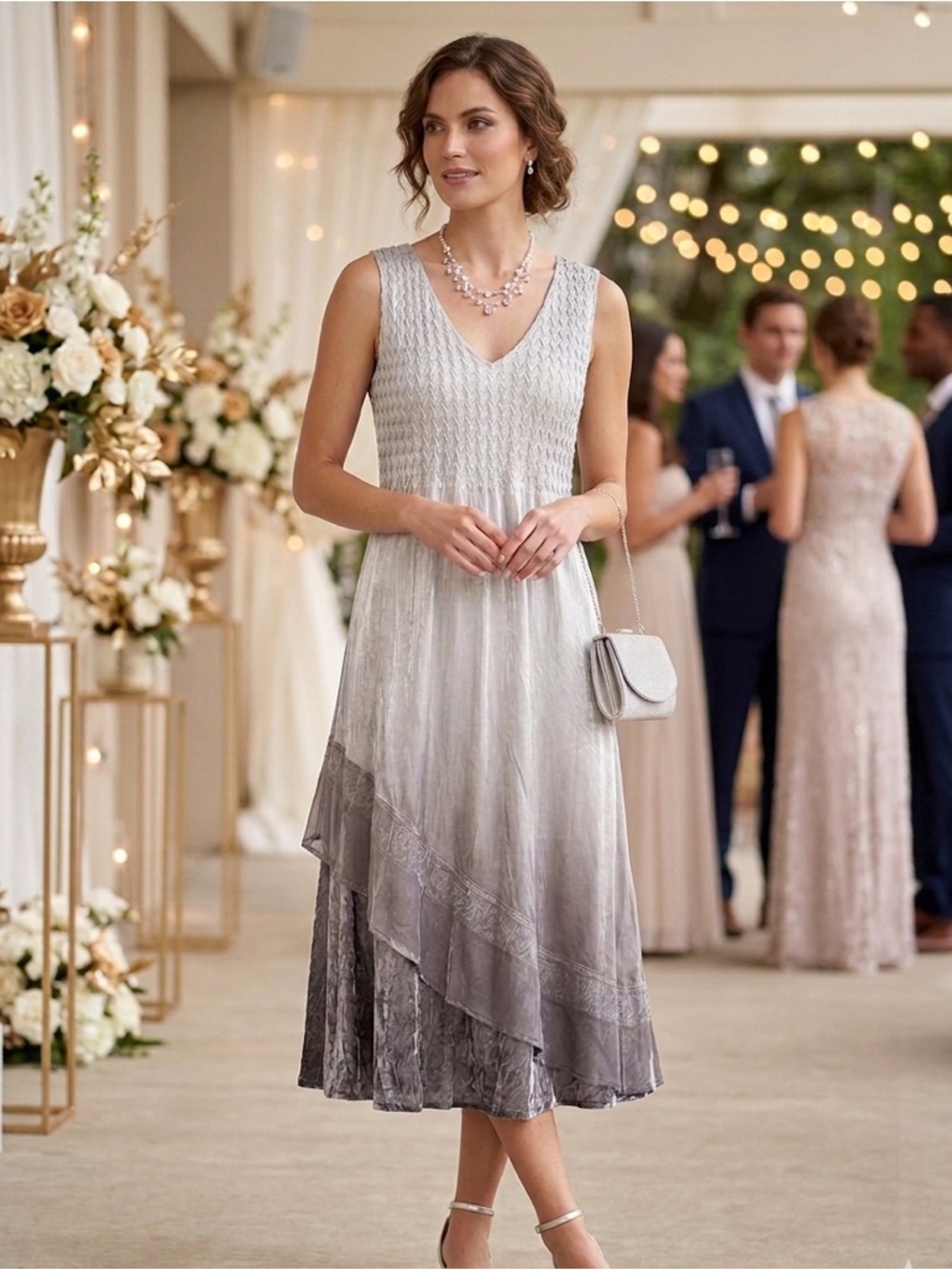 Komarov Silver Ombre Hand-Pleated Chevron Midi Dress Medium